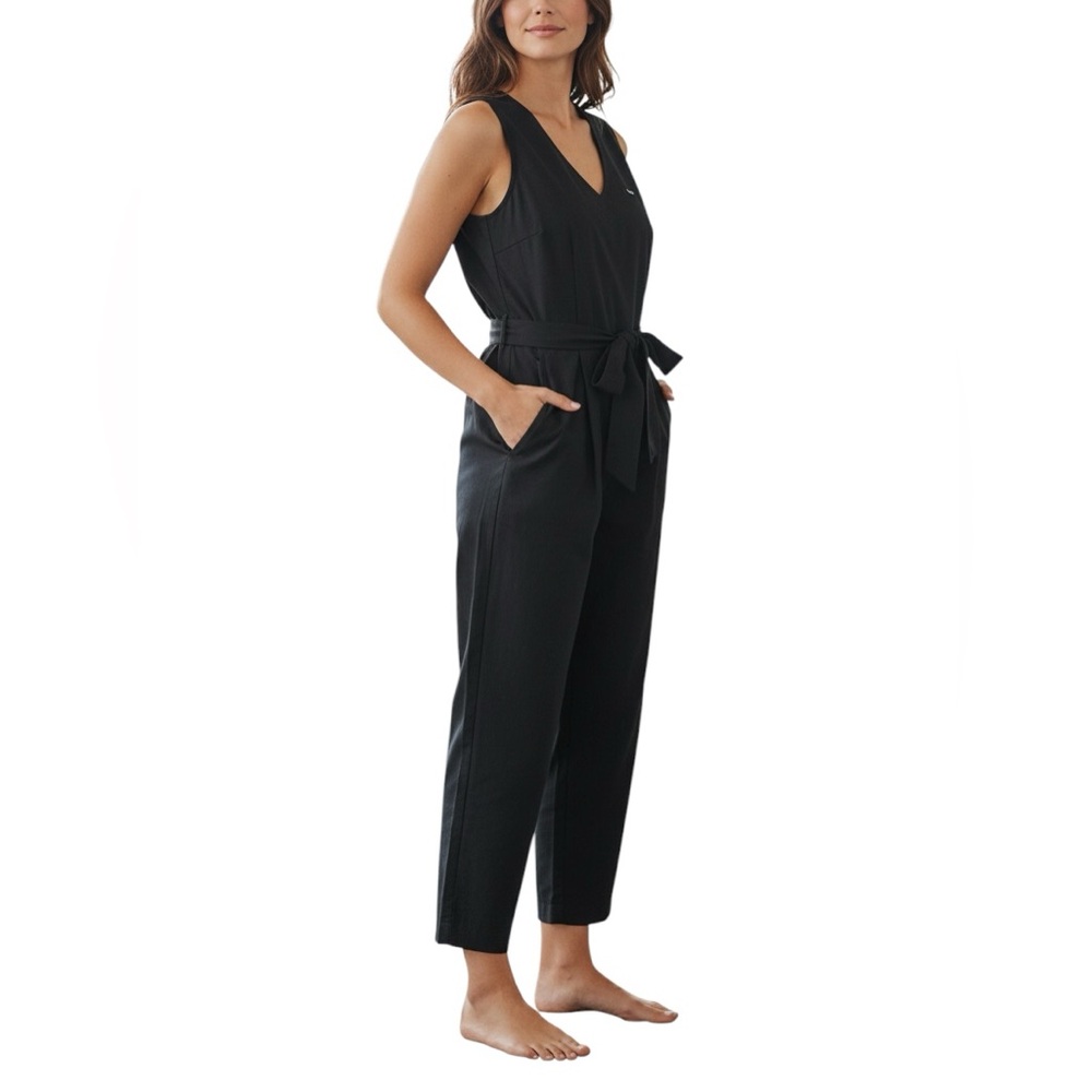 Maeve Anthropologie Black Sleeveless Faux Wrap Tie Jumpsuit Rayon & Linen
